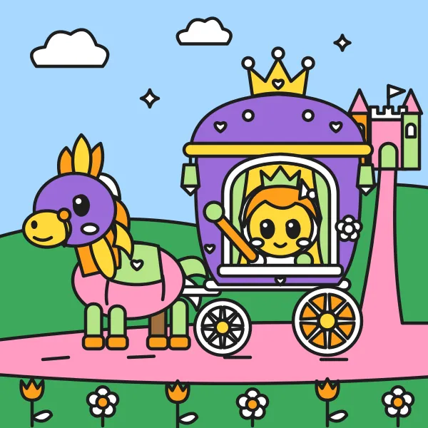 Princezná v kočiari vyfarbená podľa čísel – ukážka hotového obrázka