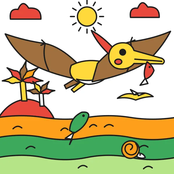 Pteranodon nad morom vyfarbená podľa čísel – ukážka hotového obrázka