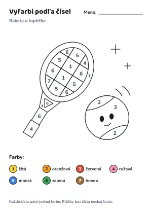 Raketa a loptička – vyfarbi podľa čísel – list na vytlačenie