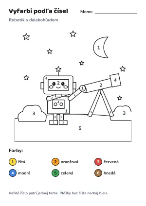 Robotík s ďalekohľadom – vyfarbi podľa čísel – list na vytlačenie