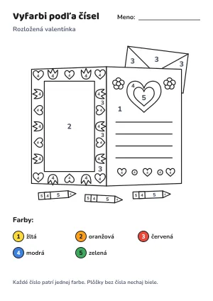Rozložená valentínka – vyfarbi podľa čísel – list na vytlačenie