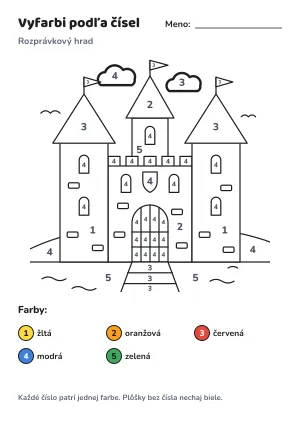 Rozprávkový hrad – vyfarbi podľa čísel – list na vytlačenie