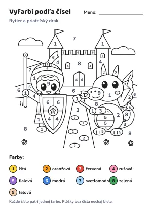 Rytier a priateľský drak – vyfarbi podľa čísel – list na vytlačenie