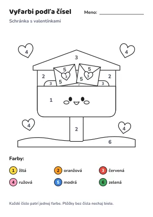 Schránka s valentínkami – vyfarbi podľa čísel – list na vytlačenie