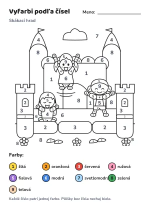 Skákací hrad – vyfarbi podľa čísel – list na vytlačenie