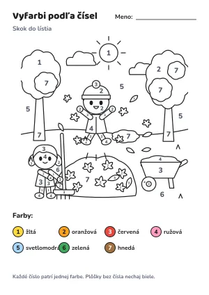 Skok do lístia – vyfarbi podľa čísel – list na vytlačenie