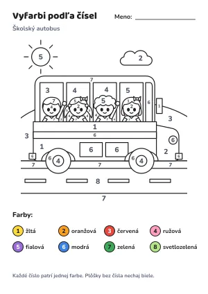 Školský autobus – vyfarbi podľa čísel – list na vytlačenie