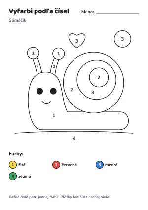 Slimáčik – vyfarbi podľa čísel – list na vytlačenie