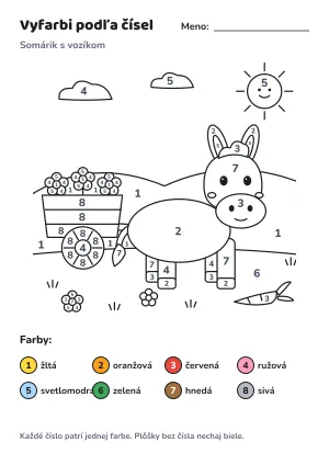 Somárik s vozíkom – vyfarbi podľa čísel – list na vytlačenie