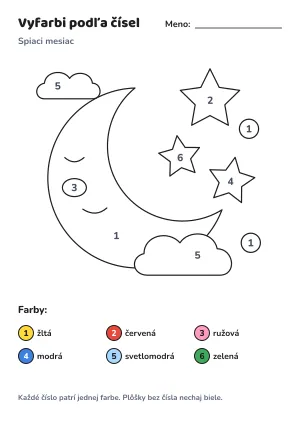Spiaci mesiac – vyfarbi podľa čísel – list na vytlačenie