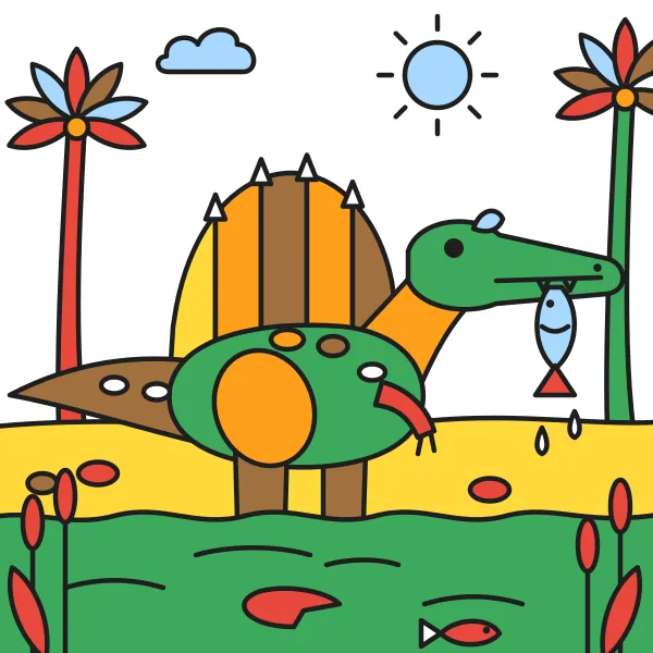 Spinosaurus v rieke vyfarbená podľa čísel – ukážka hotového obrázka