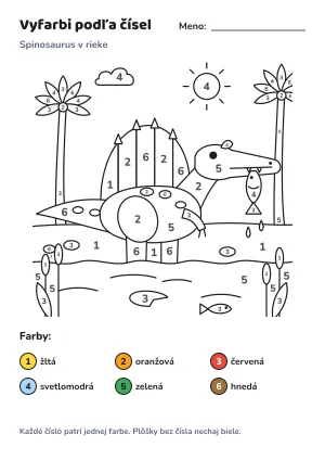 Spinosaurus v rieke – vyfarbi podľa čísel – list na vytlačenie