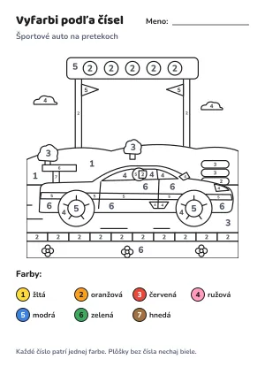 Športové auto na pretekoch – vyfarbi podľa čísel – list na vytlačenie