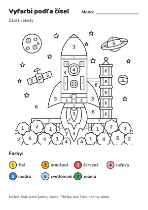 Štart rakety – vyfarbi podľa čísel – list na vytlačenie