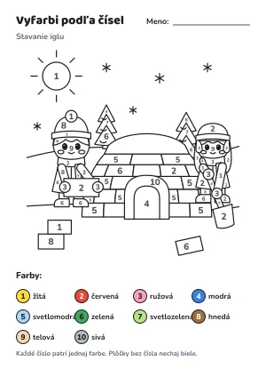 Stavanie iglu – vyfarbi podľa čísel – list na vytlačenie