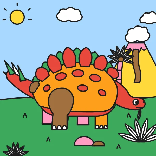 Stegosaurus pri papradí vyfarbená podľa čísel – ukážka hotového obrázka