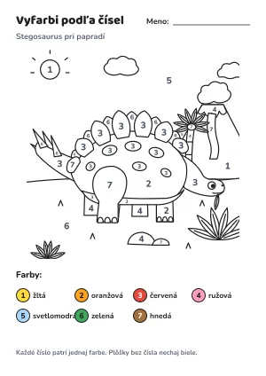 Stegosaurus pri papradí – vyfarbi podľa čísel – list na vytlačenie