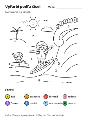 Surfovanie na vlnách – vyfarbi podľa čísel – list na vytlačenie