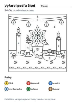 Sviečky na adventnom stole – vyfarbi podľa čísel – list na vytlačenie