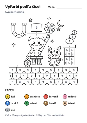Symboly šťastia – vyfarbi podľa čísel – list na vytlačenie