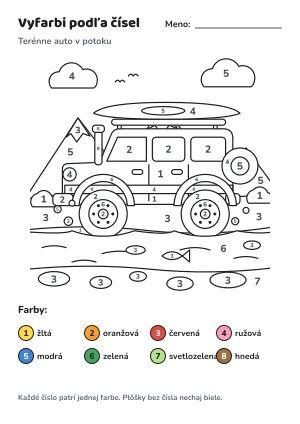 Terénne auto v potoku – vyfarbi podľa čísel – list na vytlačenie