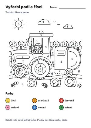 Traktor lisuje seno – vyfarbi podľa čísel – list na vytlačenie