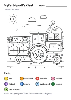 Traktor na poli – vyfarbi podľa čísel – list na vytlačenie