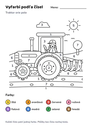 Traktor orie pole – vyfarbi podľa čísel – list na vytlačenie