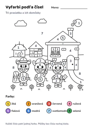Tri prasiatka a ich domčeky – vyfarbi podľa čísel – list na vytlačenie