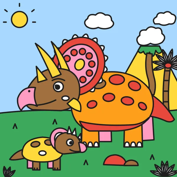 Triceratops s mláďaťom vyfarbená podľa čísel – ukážka hotového obrázka