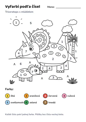 Triceratops s mláďaťom – vyfarbi podľa čísel – list na vytlačenie