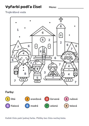 Trojkráľová voda – vyfarbi podľa čísel – list na vytlačenie