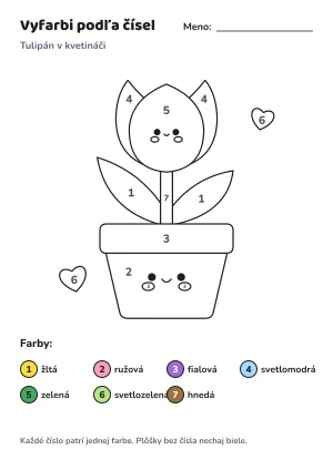 Tulipán v kvetináči – vyfarbi podľa čísel – list na vytlačenie