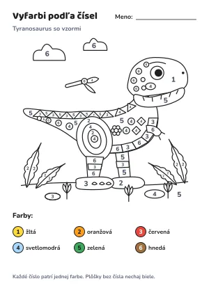Tyranosaurus so vzormi – vyfarbi podľa čísel – list na vytlačenie