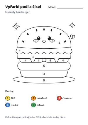 Usmiaty hamburger – vyfarbi podľa čísel – list na vytlačenie