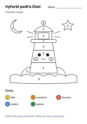 Usmiaty maják – vyfarbi podľa čísel – list na vytlačenie