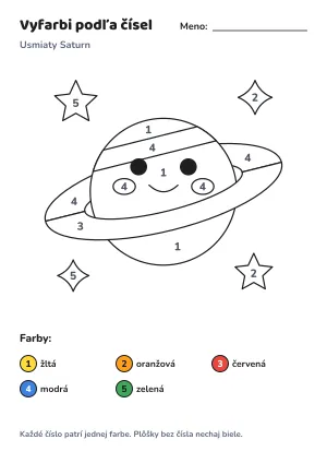 Usmiaty Saturn – vyfarbi podľa čísel – list na vytlačenie