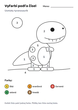 Usmiaty tyranosaurík – vyfarbi podľa čísel – list na vytlačenie