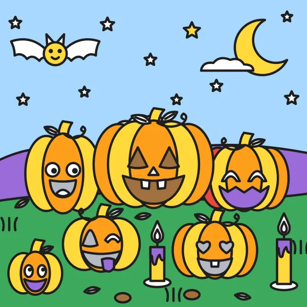 Veselé halloweenske tekvice vyfarbená podľa čísel – ukážka hotového obrázka