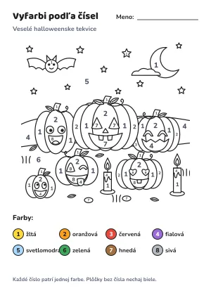 Veselé halloweenske tekvice – vyfarbi podľa čísel – list na vytlačenie