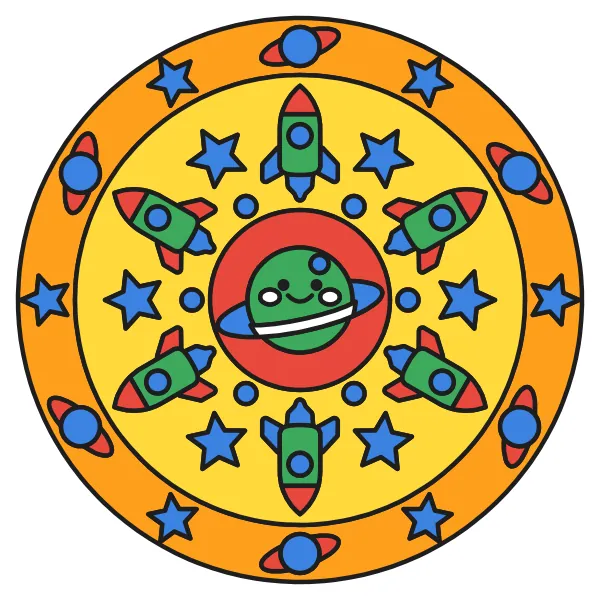 Vesmírna mandala vyfarbená podľa čísel – ukážka hotového obrázka