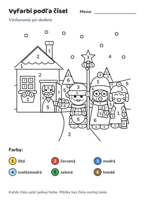 Vinšovanie po dedine – vyfarbi podľa čísel – list na vytlačenie