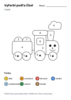 Vláčik – vyfarbi podľa čísel – list na vytlačenie