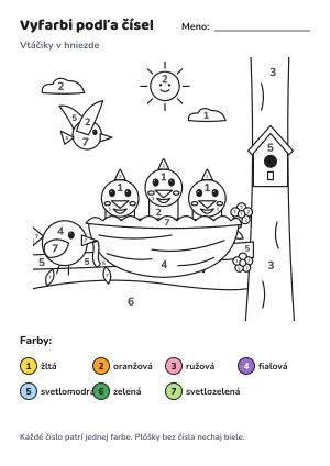 Vtáčiky v hniezde – vyfarbi podľa čísel – list na vytlačenie
