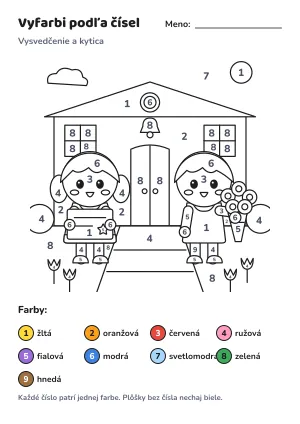 Vysvedčenie a kytica – vyfarbi podľa čísel – list na vytlačenie