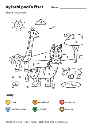 Zebra na savane – vyfarbi podľa čísel – list na vytlačenie