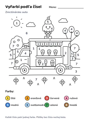 Zmrzlinárske auto – vyfarbi podľa čísel – list na vytlačenie