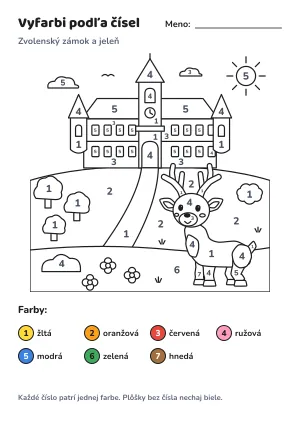 Zvolenský zámok a jeleň – vyfarbi podľa čísel – list na vytlačenie
