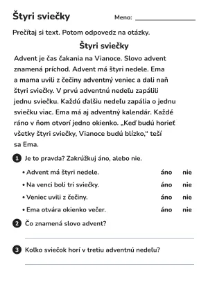 Čítanie s porozumením pre 2. ročník: Štyri sviečky (advent) – pracovný list na vytlačenie