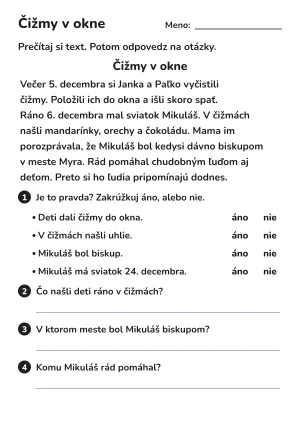 Čítanie s porozumením pre 2. ročník: Čižmy v okne (Mikuláš) – pracovný list na vytlačenie
